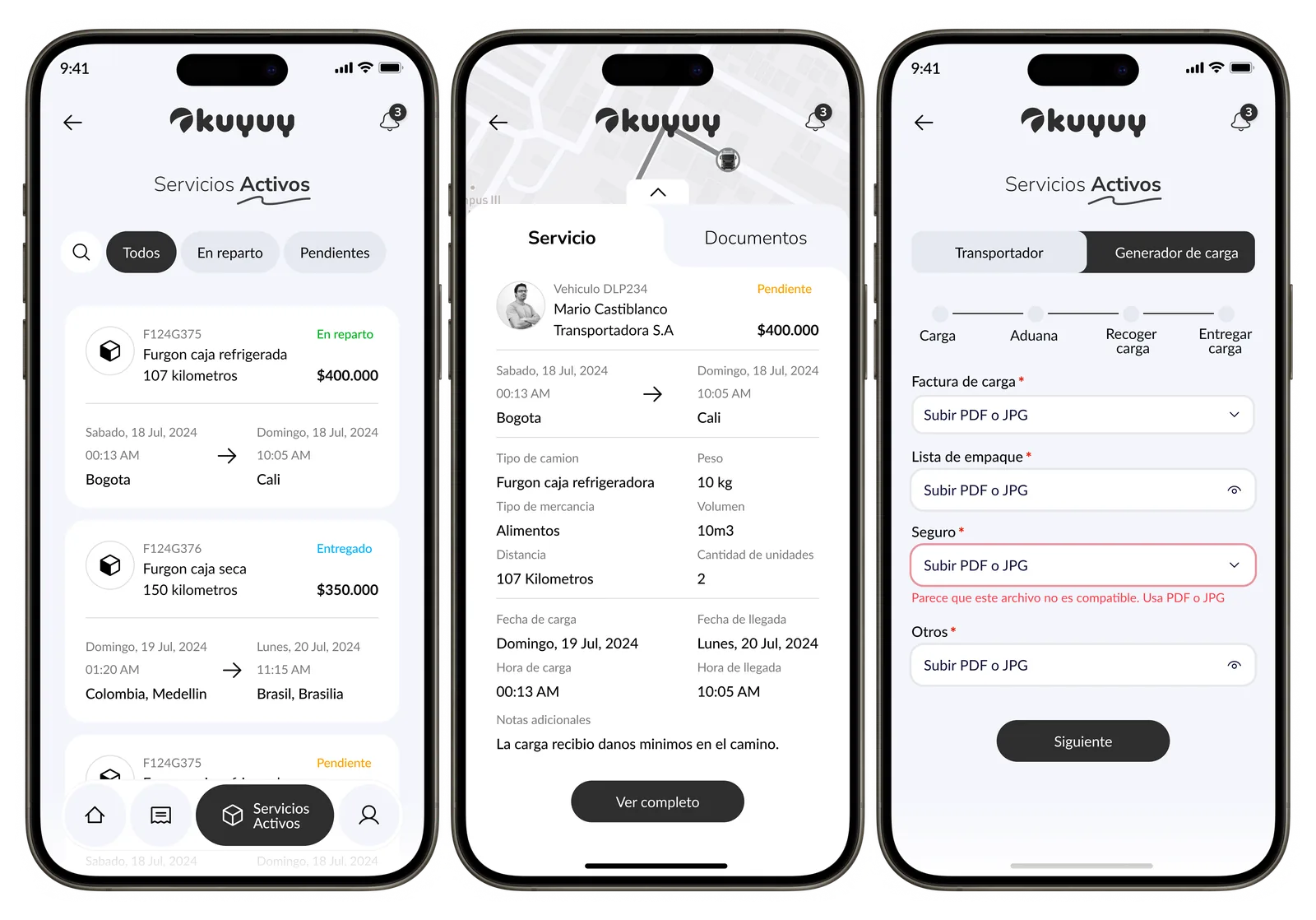 Kuyuy — Native logistics app, Servicios Activos screens